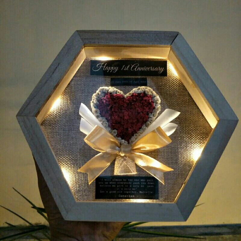 GIFTBOX HAMPERS 3D WOOD PLUS KACA LOVE EDLWEIS HEXAGONAL IN FRAME PLUS LAMP | frame | kado murah | kado™
