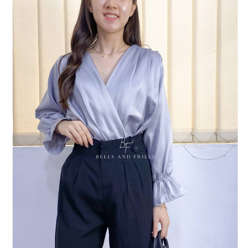 ATHENA Halter Neck Satin Blouse - Atasan Halter Tangan Panjang - Kimono Blouse Puffy Sleeve 0433