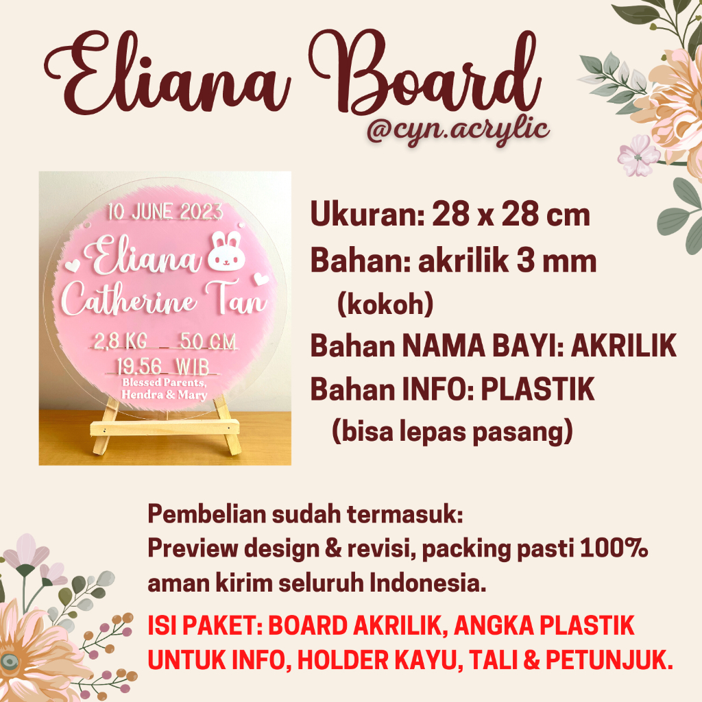 ELIANA Hospital Board Akrilik Acrylic Announcement Biodata Baby Bayi Newborn Kado Mewah Bagus