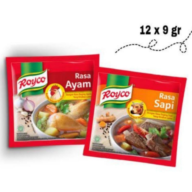 

ROYCO bumbu penyedap kaldu ayam/sapi renceng(isi 12pcs)× 9gr