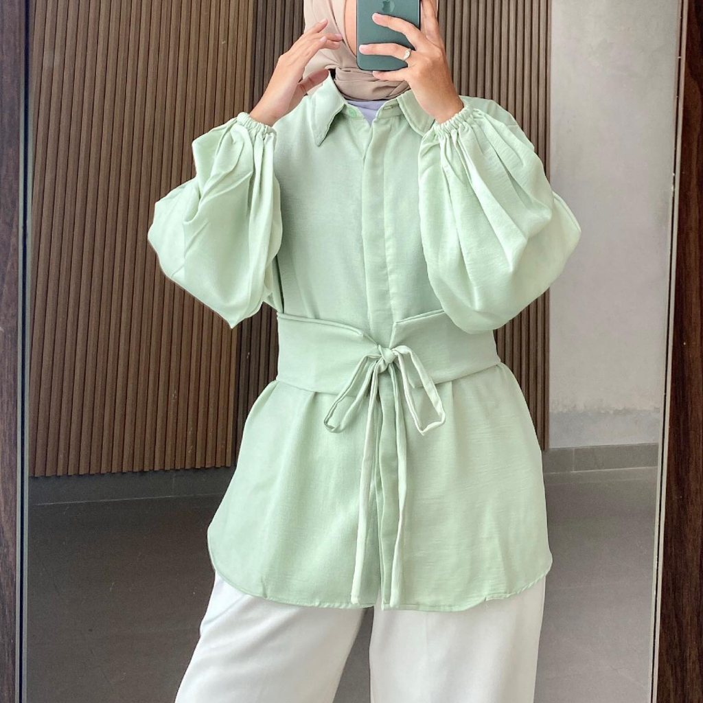 Baju atasan kemeja wanita polos free oby belt
