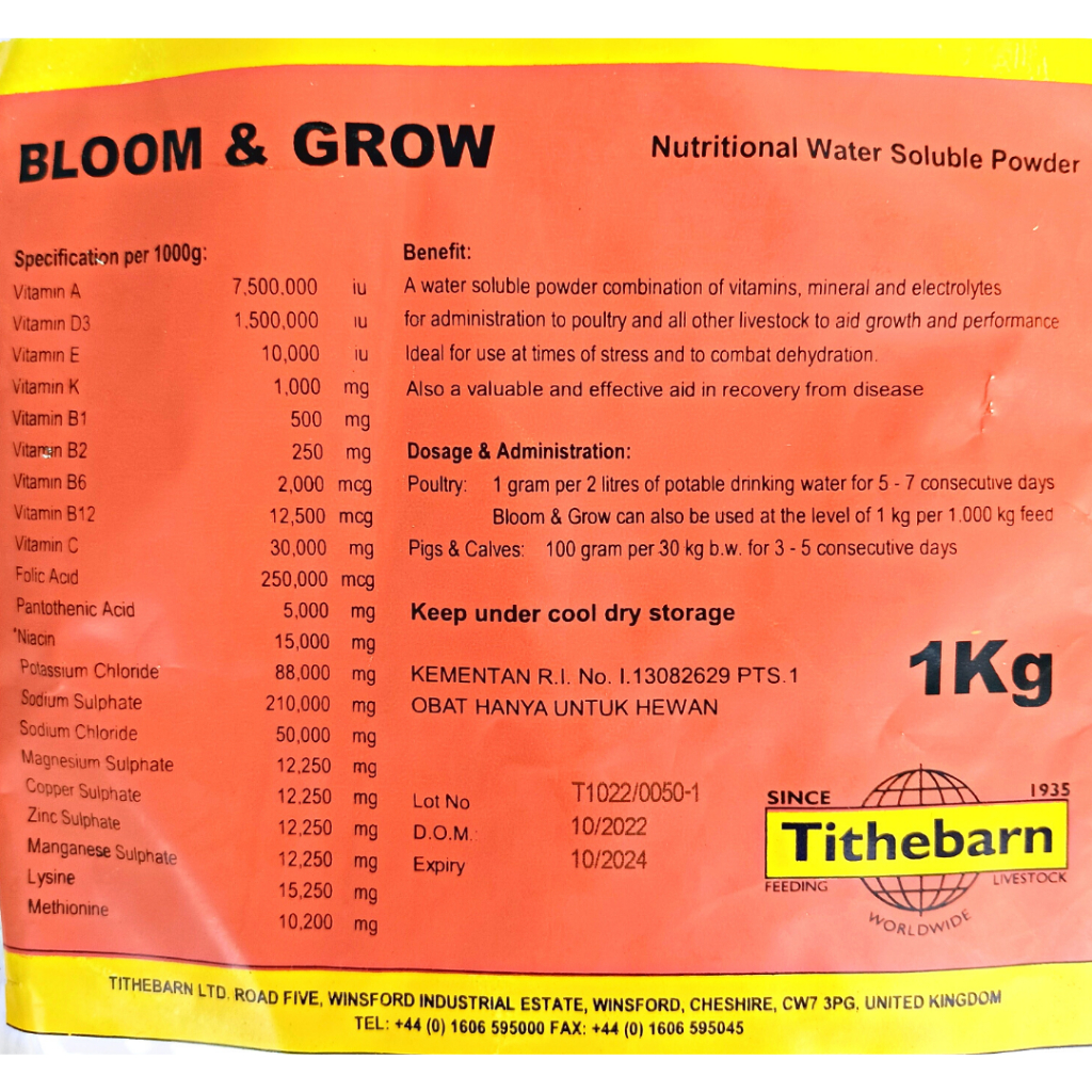 BLOOM AND GROW 1 Kg | Multivitamin Dosis Tinggi Untuk Ternak Sapi Kambing Domba Ayam Bebek