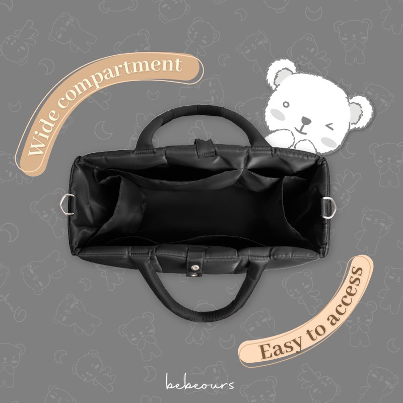 Bebeours Cheri Tote Bag BLACK / GREY - Mommy Bag / Diapers Bag - Tas Perlengkapan Bayi &amp; Anak