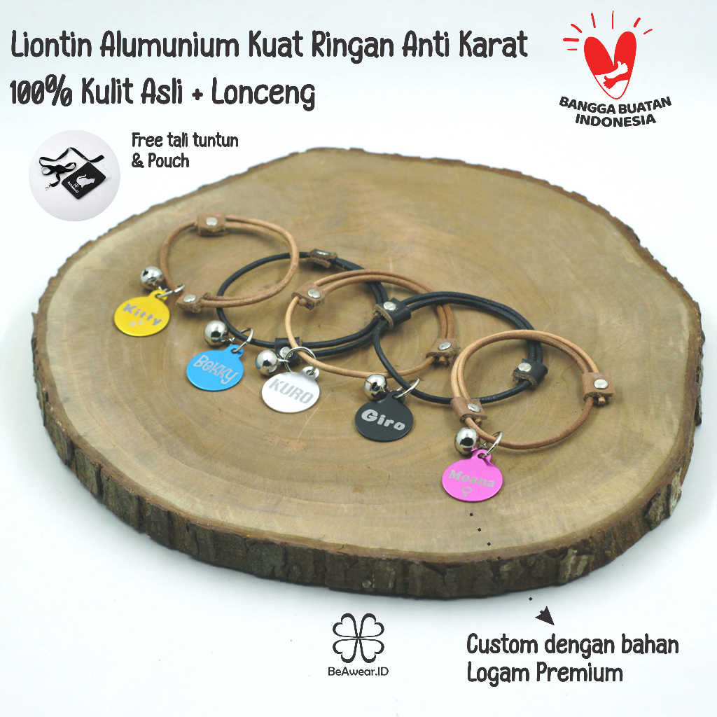 KALUNG KUCING NAMA CUSTOM MODEL TALI KULIT  ASLI PINTAL LIONTIN LOGAM PREMIUM