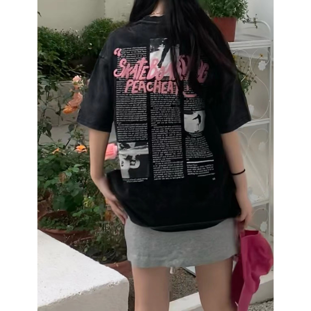 baju kaos wanita lengan pendek american retro motif graffiti print t-shirt import oversize kao hitam ootd