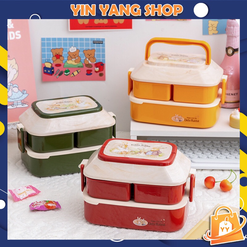 Lunch Box Kotak Makan / Tempat Makan / Kotak Bekal Set FREE Garpu dan Sendok 2 Tingkat Lunch Box