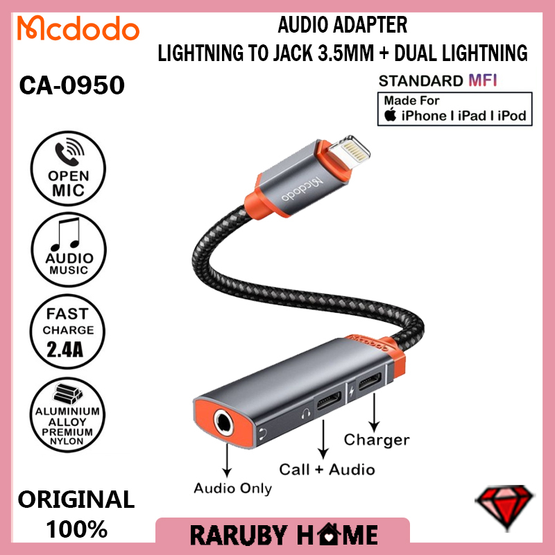 MCDODO CA-0950 Adapter Converter Splitter Lightning For Iphone To Audio Jack 3.5MM Charging + Call