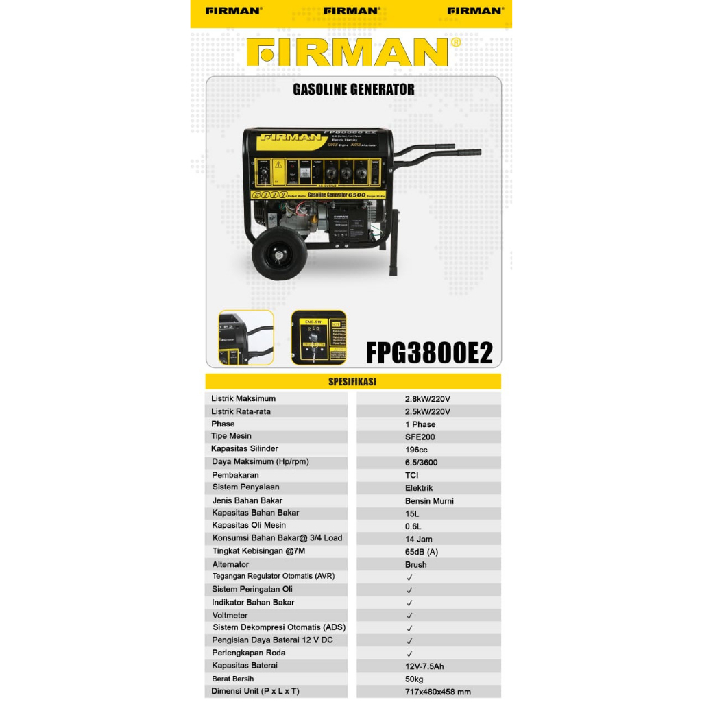 Mesin Genset 2.5Kw 2500Watt 4Tak FPG3800E2 FIRMAN / Generator Listrik Gasoline Power Generator 2500 