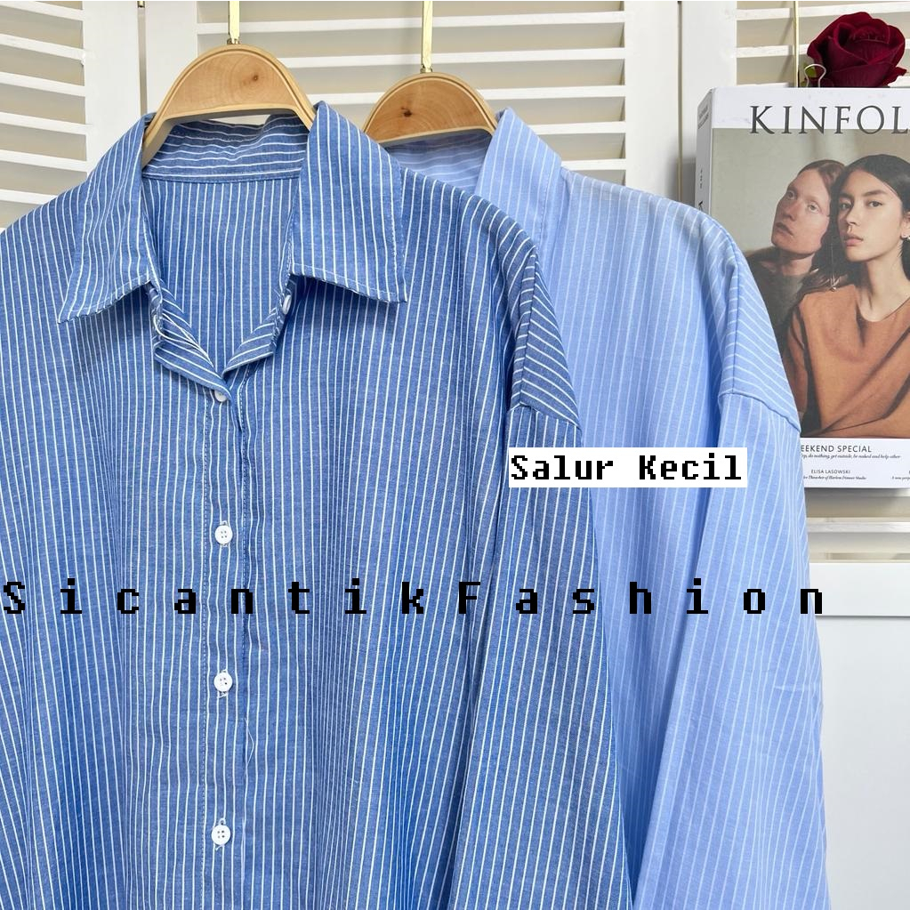 Kemeja Cewek Korean Style Motif Salur Bahan Katun Yandet