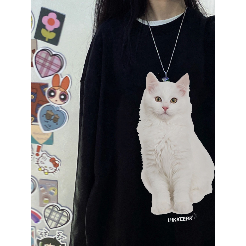 EUNII Sweater Lengan Panjang Cartoon Putih Cat Printing Korean Style/Sweater Crop/Baju Wanita/Switer Wanita/Switer