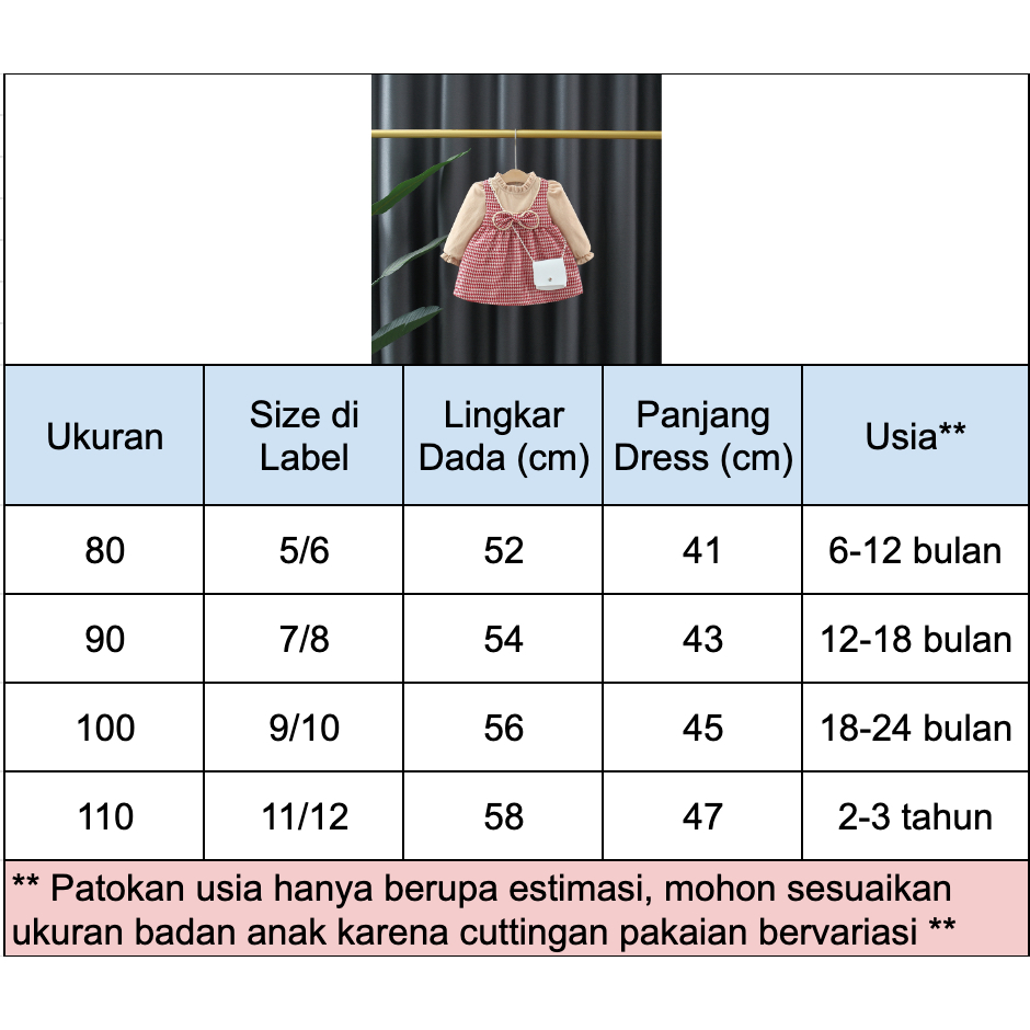 Dress Klasik Import Bonus Tas Gaun Mini Motif Houndstooth Abstrak Lengan Panjang Anak Perempuan