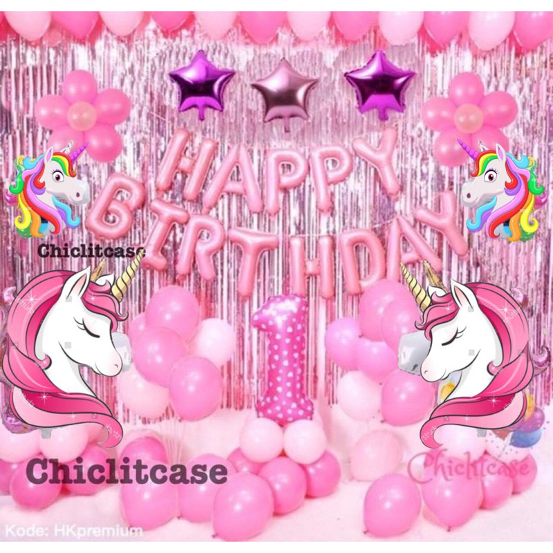 Paket set balon dekorasi ulang tahun unicorn pink