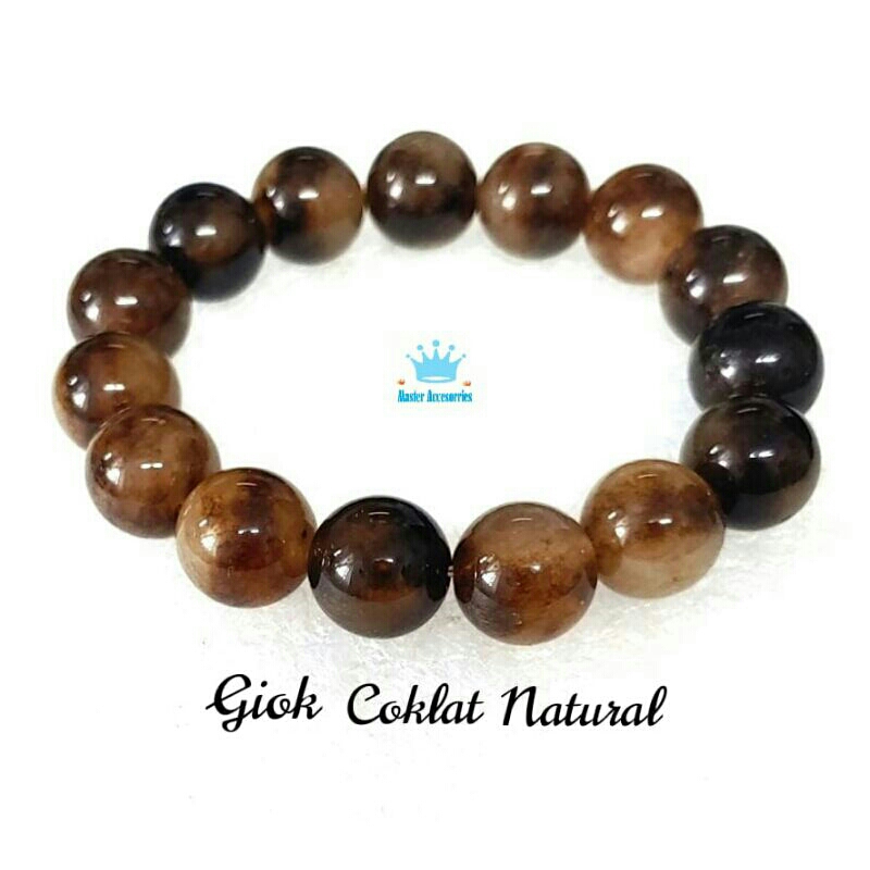 Gelang Giok Coklat Natural Batu Berserat 12mm