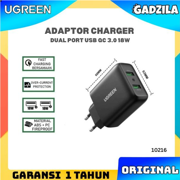 UGREEN Kepala Adaptor Charger Dual USB Adapter Wall Charger QC 3.0 Fast Charging 36W Oppo Vivo Samsung CD161 10216