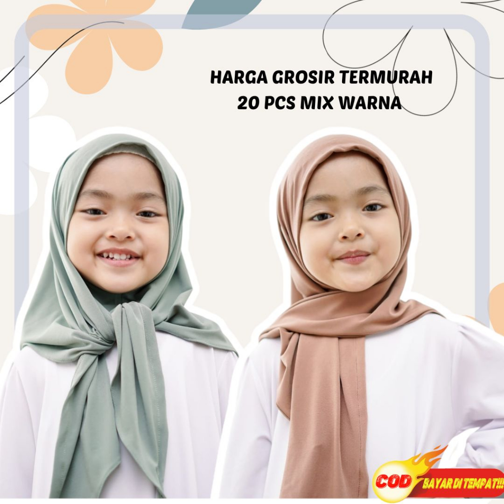 Paket usaha Jilbab segitiga instan Anak Usia 1-10 tahun Jersey Premium 1 kodi/20pcs mix warna