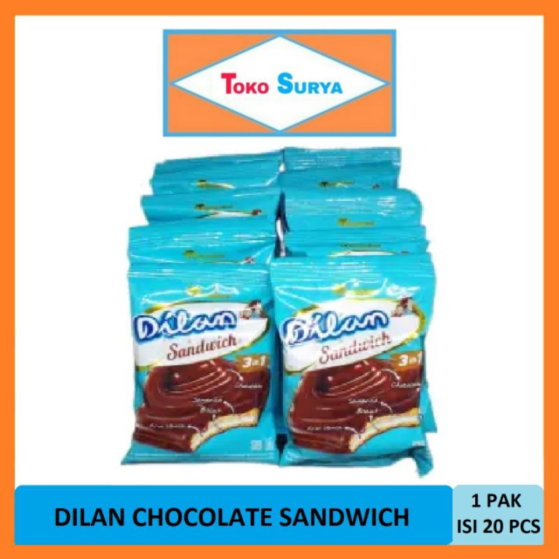 

Dilan Sandwich Chocolate Biskuit Bersalut Cokelat Isi Krim Vanilla 20 Pcs x 16 Gr