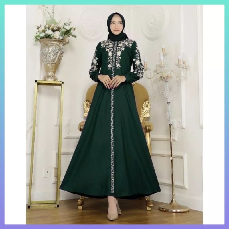 gamis katun toyobo bordir fashion wanita gamis shahia warna hijau botol