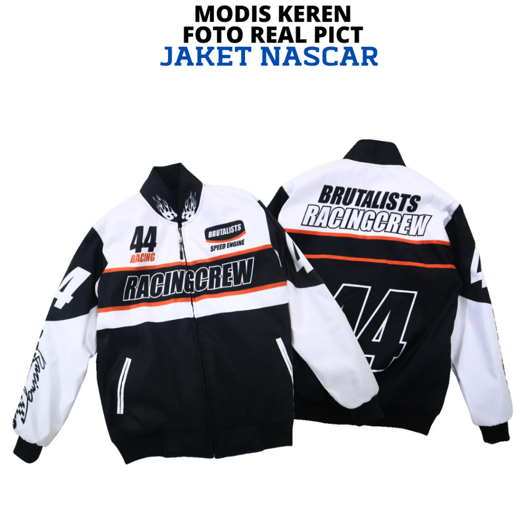 Jaket Nascar Racing Crew Digital Printing Pria Wanita Hitam Putih Resleting Brutalists L XL XXL