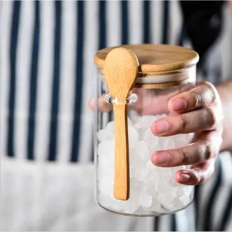 Toples Kaca Penyimpanan Kedap Udara | Toples makanan Toples Kaca Tutup Kayu Bulat Kedap Udara Borosilicate Glass Storage Jar