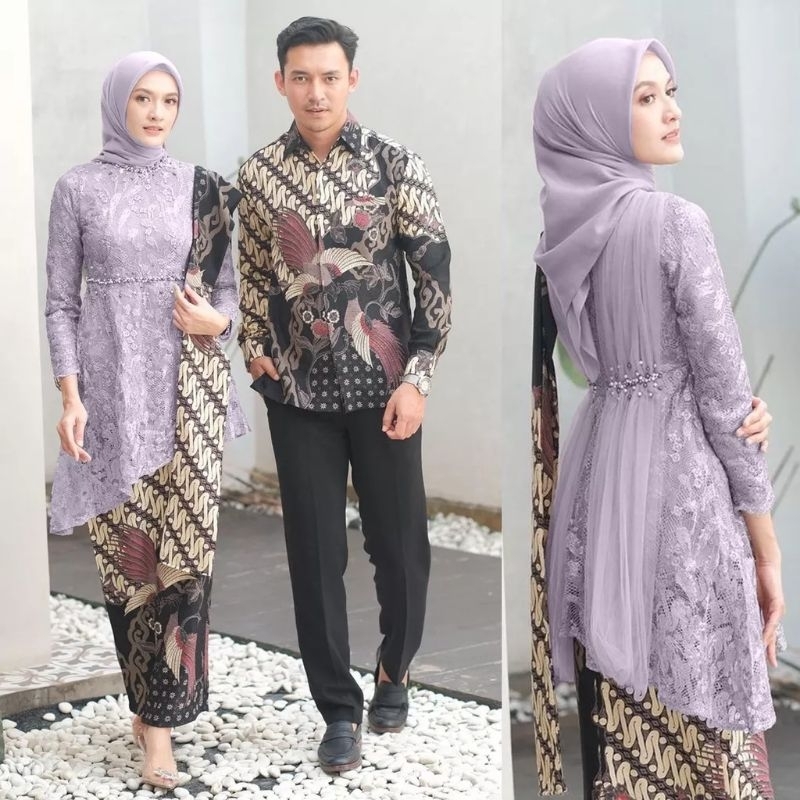 BATIK OFFICIAL - Batik Couple Zara Kebaya Modern Baju Couple Pasangan Kebaya Kondangan Wisuda - Couple Batik Brukat Tulle Mutiara - Outfit Kondangan Kekinian Zara Couple