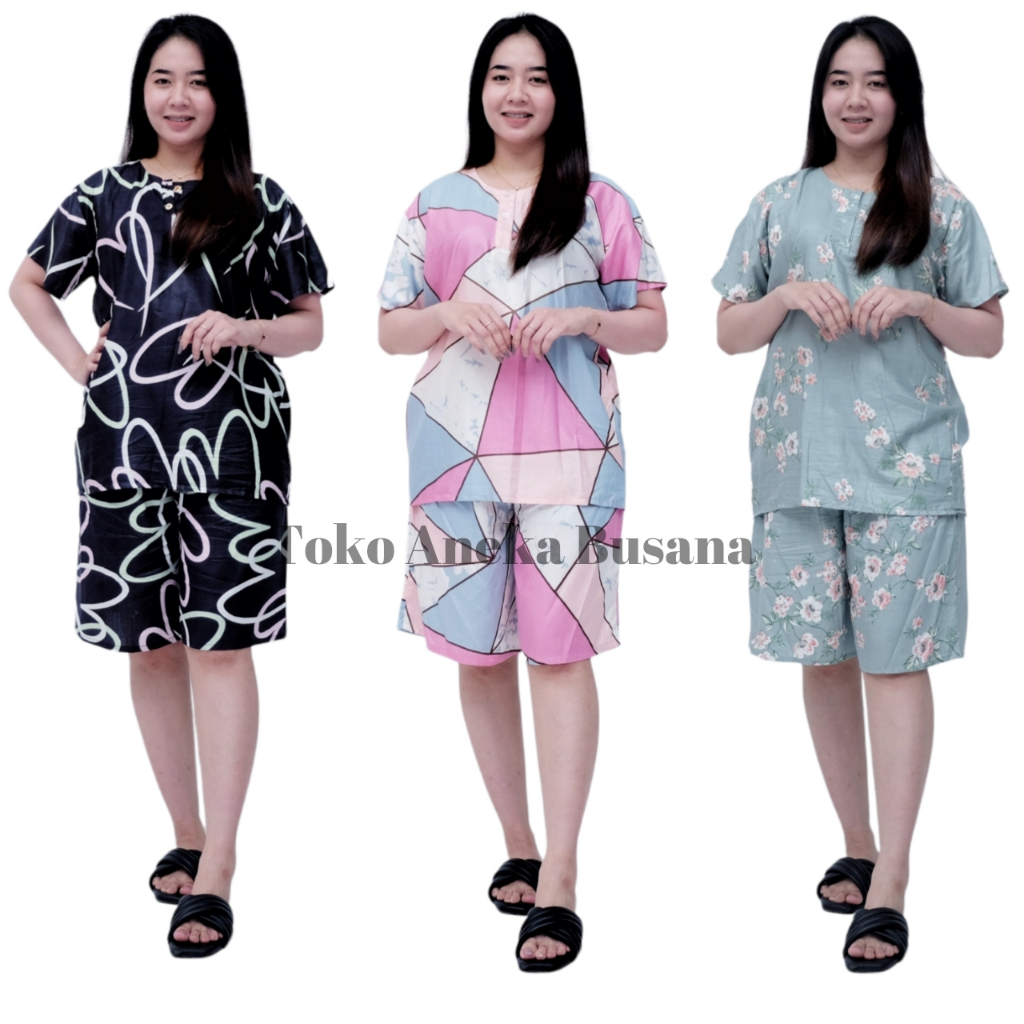 Setelan Baju Tidur Piyama Pendek Motif Daun 002 Bahan Rayon