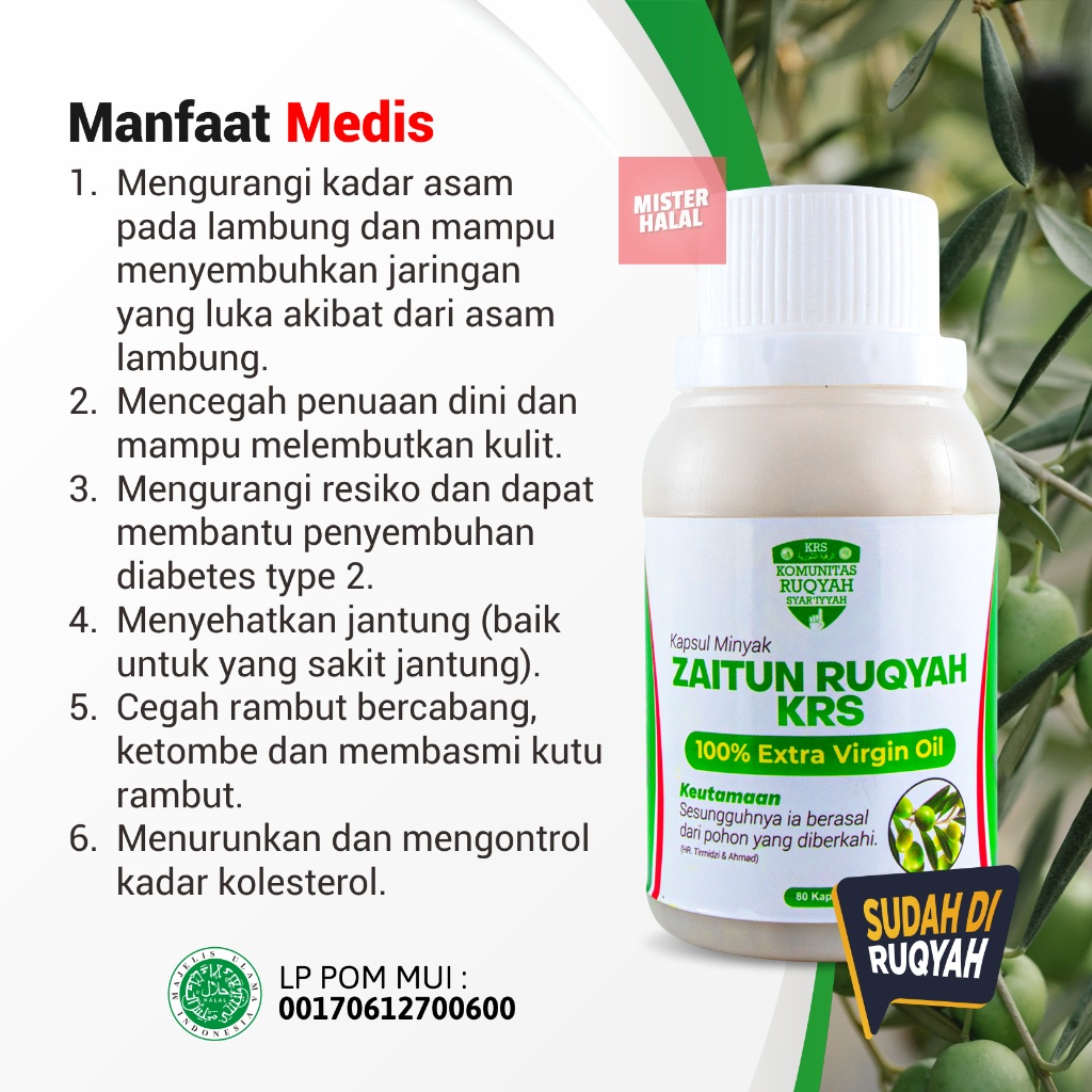 MINYAK ZAITUN RUQYAH KRS Murni - 80 Kapsul - Olive Oil Extra Virgin - Anti Kolesterol - Menghilangkan Sihir, Pengaruh Jin, Mengatasi ‘Ain, Mengobati Was – Was, Cemas, Gelisah