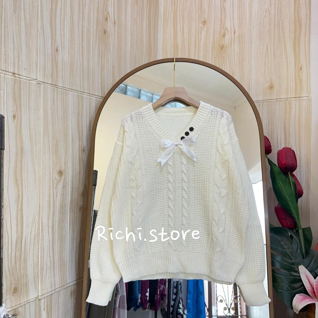 Lucia V-neck Blouse Rajut Aksen Pita dan Kancing