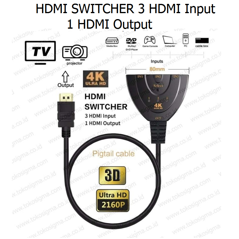 HDMI SWITCH 3PORT 3X1 OUTPUT CABLE UHD 4K 30HZ SELECTOR 3 PORT INPUT