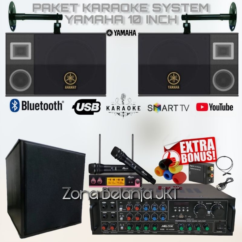 PAKET SOUND KARAOKE SPEAKER YAMAHA 10 INCH + SUBWOOFER 12 INCH AKTIF AMPLI MIC WIRELESS