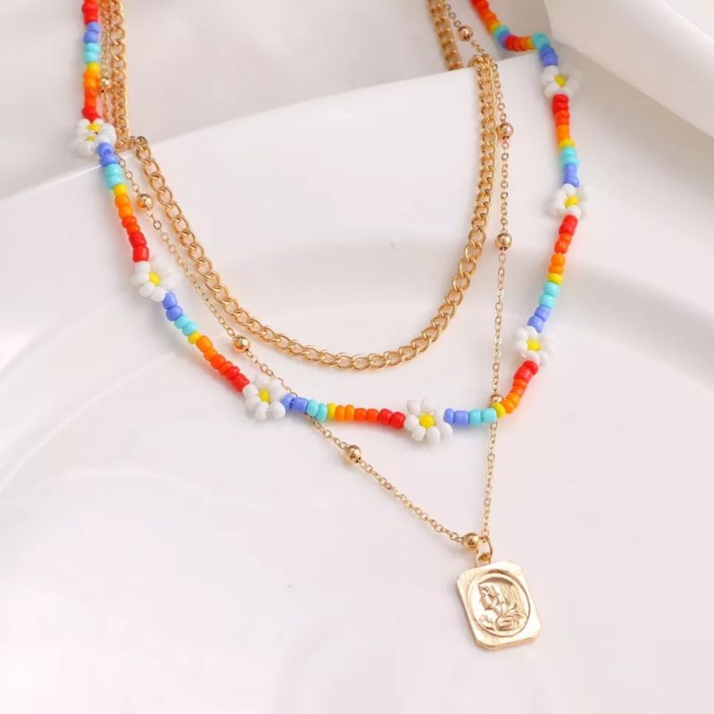 Kalung Tali Panjang Wanita Bandul Rumbai Mute Manik Necklace Premium