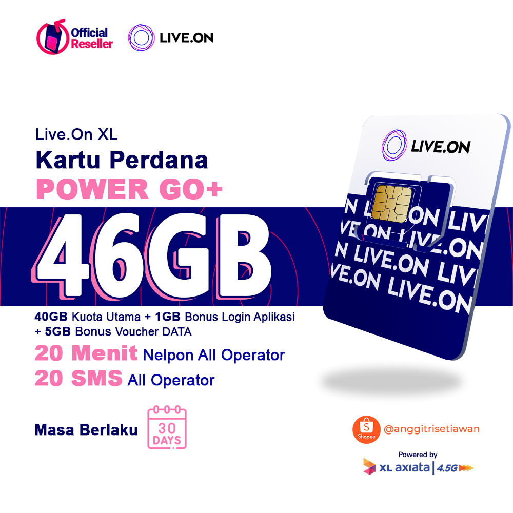 46GB Kartu Perdana Live.On Power Go 40GB + 1GB + Bonus Voucher 5GB ( 30 Hari ) by XL AXIATA Kuota In