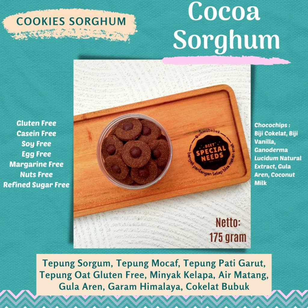 

COCOA SORGHUM Cookies Cokelat Lezat Sehat Gluten Free Dairy Free Egg Free Refined Sugar Free Diet Special Needs