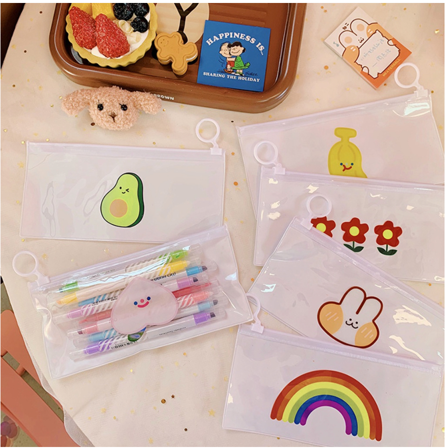 【GOGOMART】Kotak Pensil Tempat Pulpen Zipper Transparan / Dompet Uang Tempat Kosmetik Pouch Make Up Plastik Waterproof