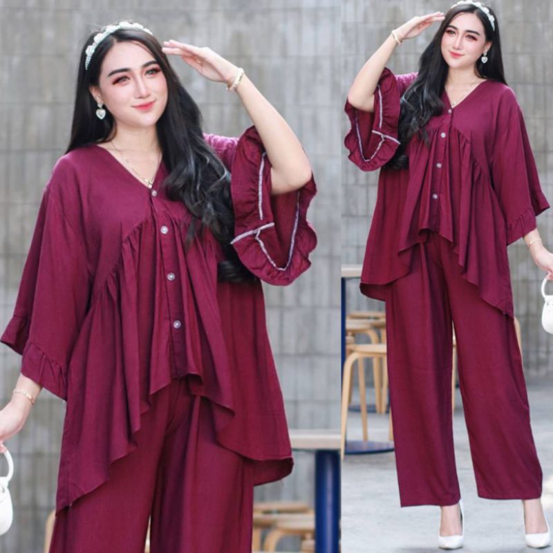 NEW ONESET OOTD VIRAL //SETELAN WANITA DEWASA LENGAN TEROMPET JUMBO