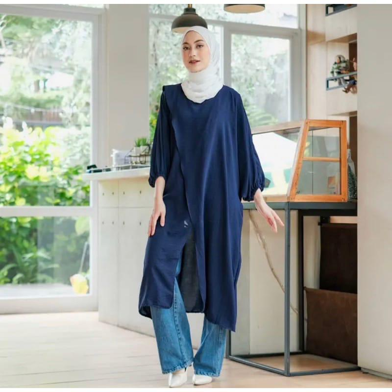 Balqisa Tunik Silang Crinkle Airflow Premium Atasan Wanita Belah Lengan Balon Terbaru