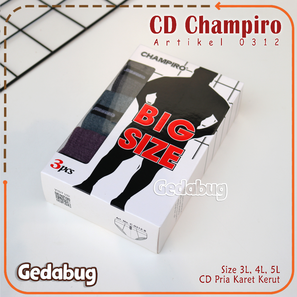 3 Pcs - CD Pria CHAMPIRO 0312 Big Size | celana dalam pria Karet Kerut | Gedabug