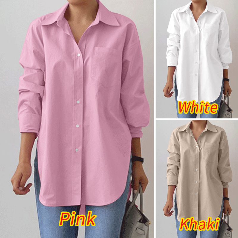 ZANZEA Women Fashion Elegant Solid Turn-down Collar Long Sleeve Button Up Loose Blouses