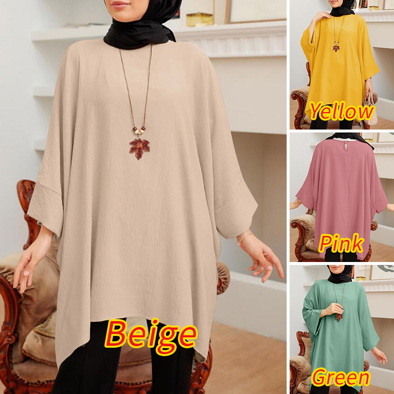 ZANZEA Women Muslim Daily 3/4 Bat Sleeves Loose Solid Color Blouses