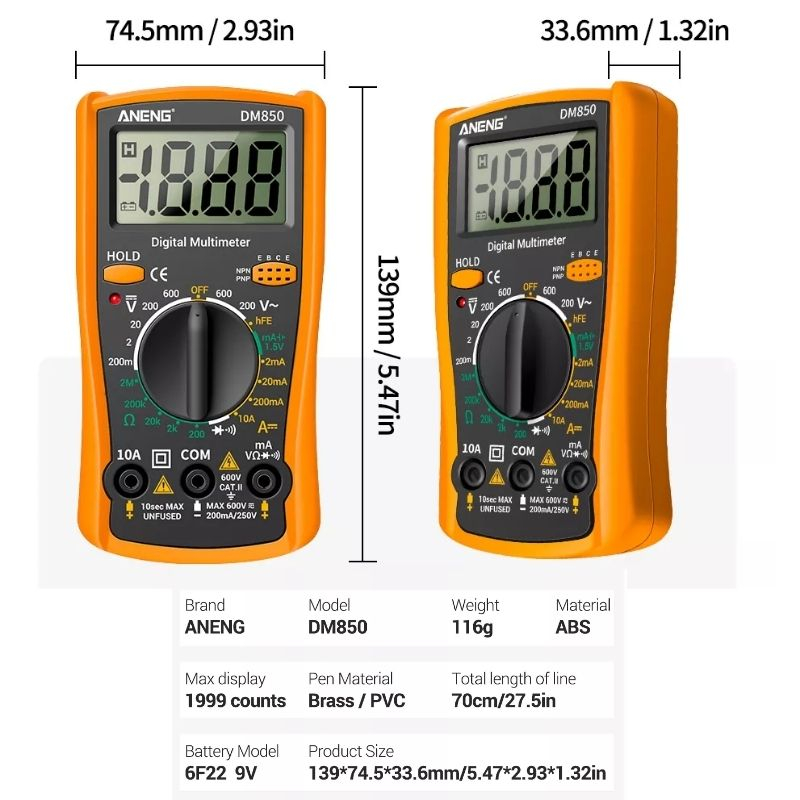 Digital Multimeter Voltmeter Voltage Tester ANENG DM850 Portable Auto AC/DC