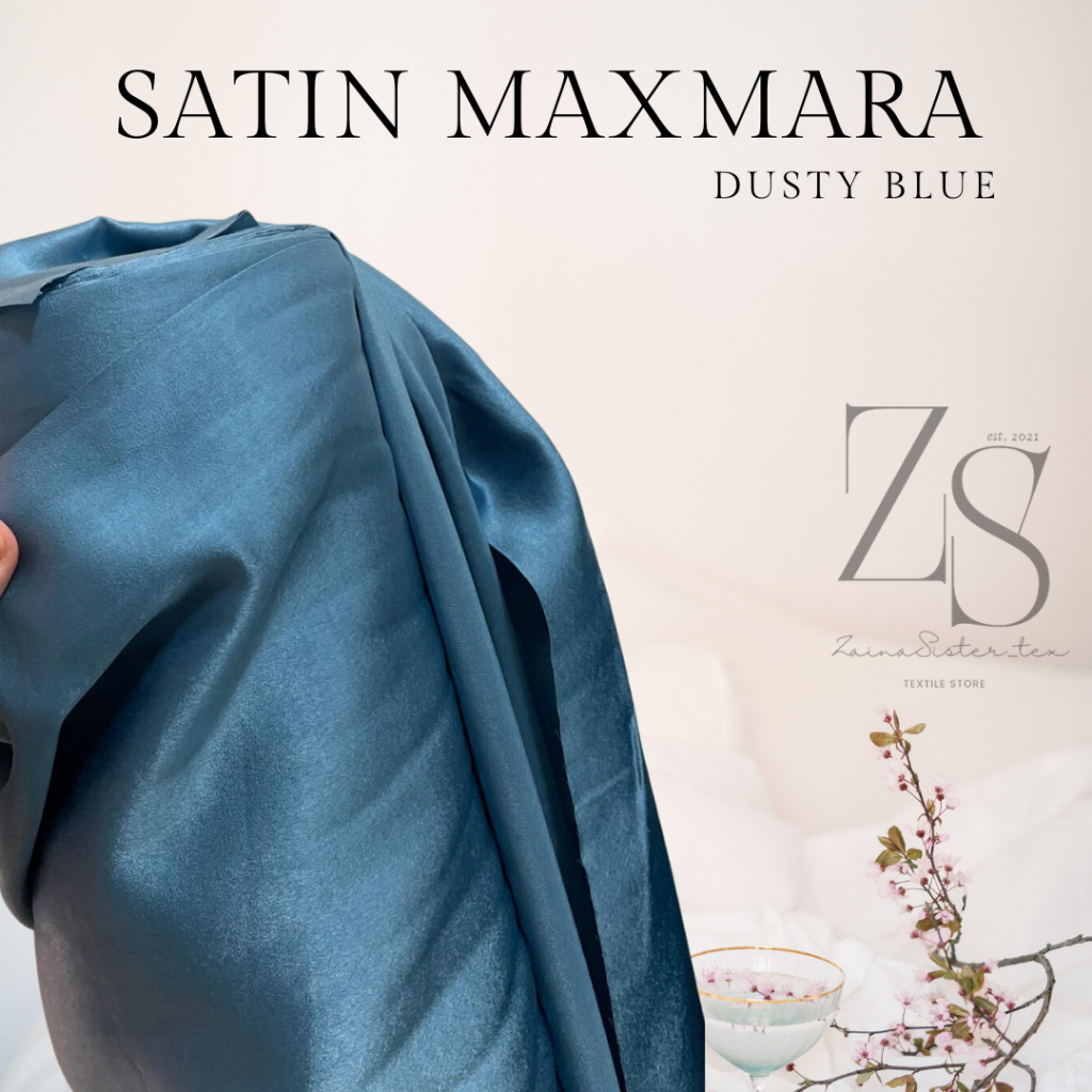 Bahan Kain Satin Maxmara Import Warna Dusty Blue seperti Denim Jeans Warna Mewah