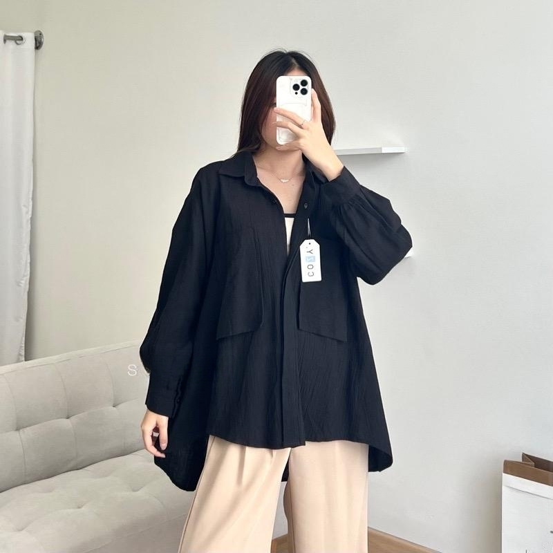 Kemeja Linen Crinkel Oversize - Gea Top Niki Shirt - Kemeja Oversize Linen 2 Pocket - Atasan Wanita