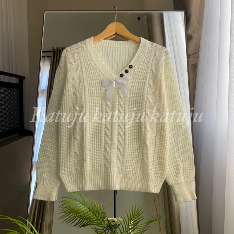 Blouse rajut kerah V neck pita Frisly