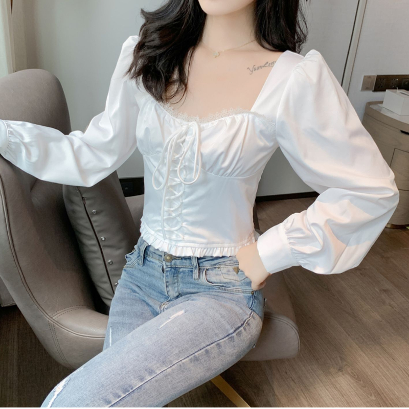 yikoo-Kemeja bertali yang ketat blouse korea atasan wanita