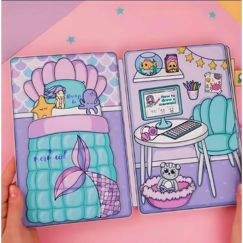 Paper Doll House Mermaid Karakter Mainan Stiker Bongkar Pasang Anak