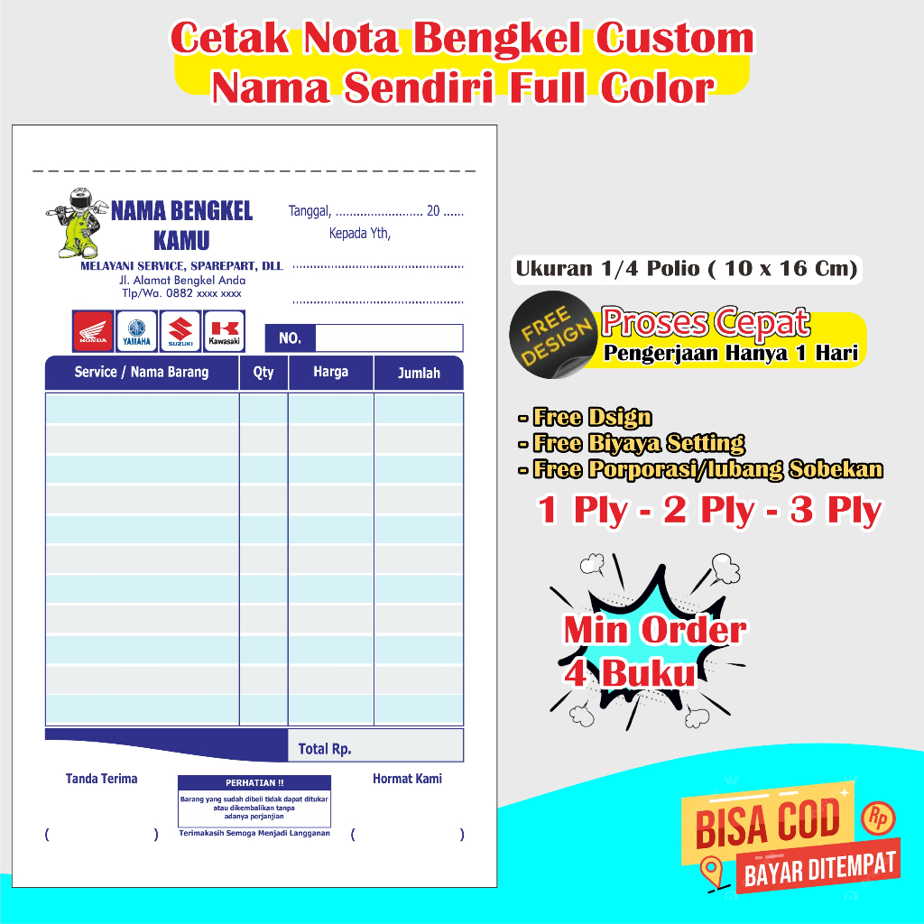 

nota bengkel motor custom nama sendiri full color