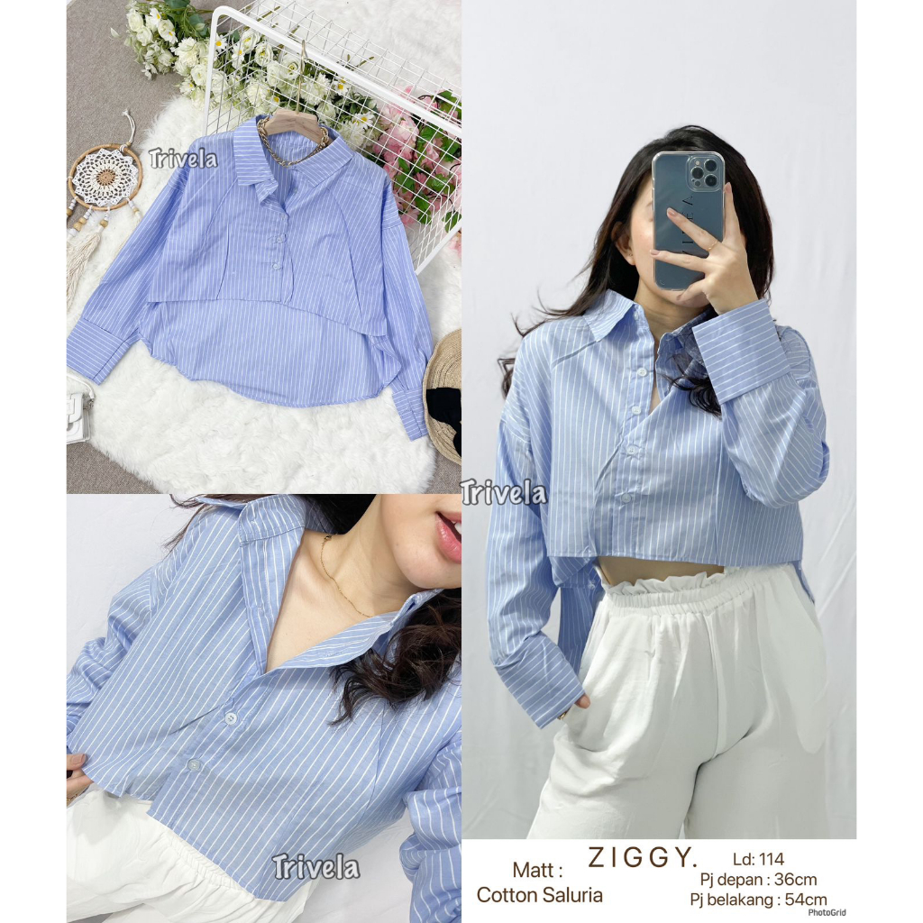 TRIVELA - Esther Top 2136 - Kemeja Crop Wanita - Kemeja Salur - Atasan Wanita - ZIGGY SJJ