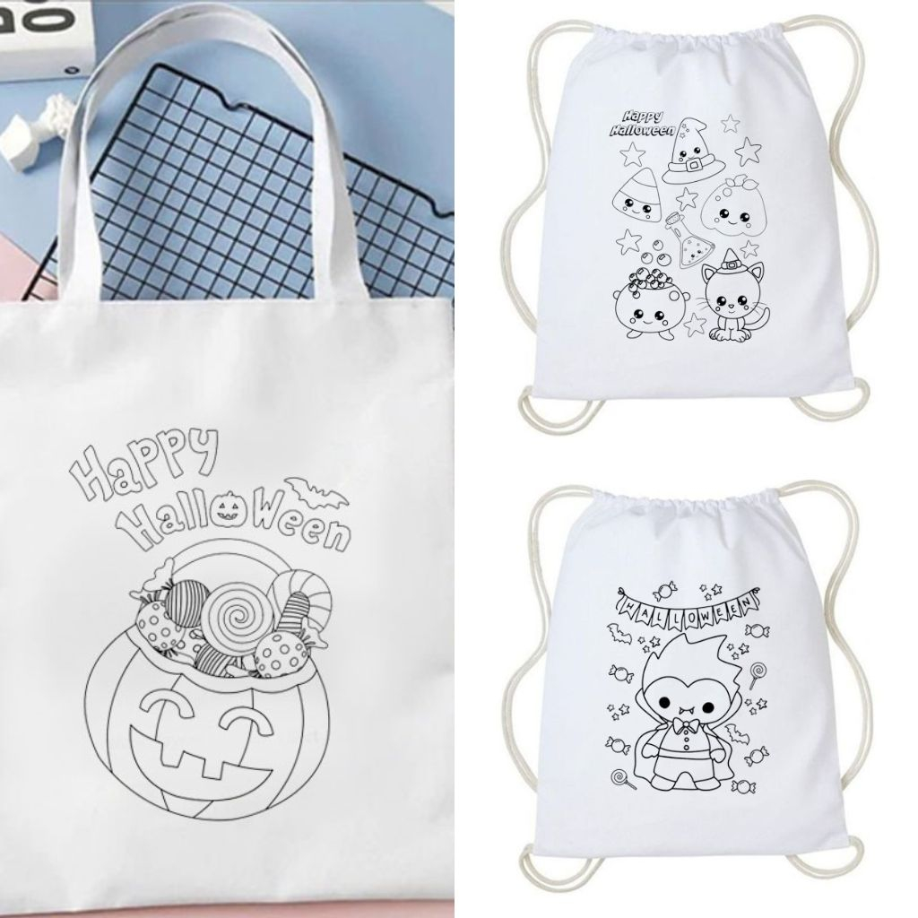 Tote Bag Tas Serut Halloween Coloring Lucu String Bag Kanvas Wanita Tas Gendong Goodie Bag Aesthetic