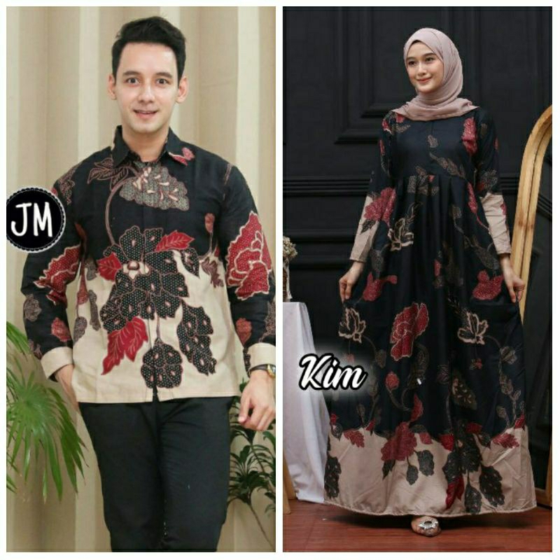 Couple Gamis Batik Terbaru Terlaris, Batik Couple Keluarga Modern Terbaru Motif Mawar Hitam