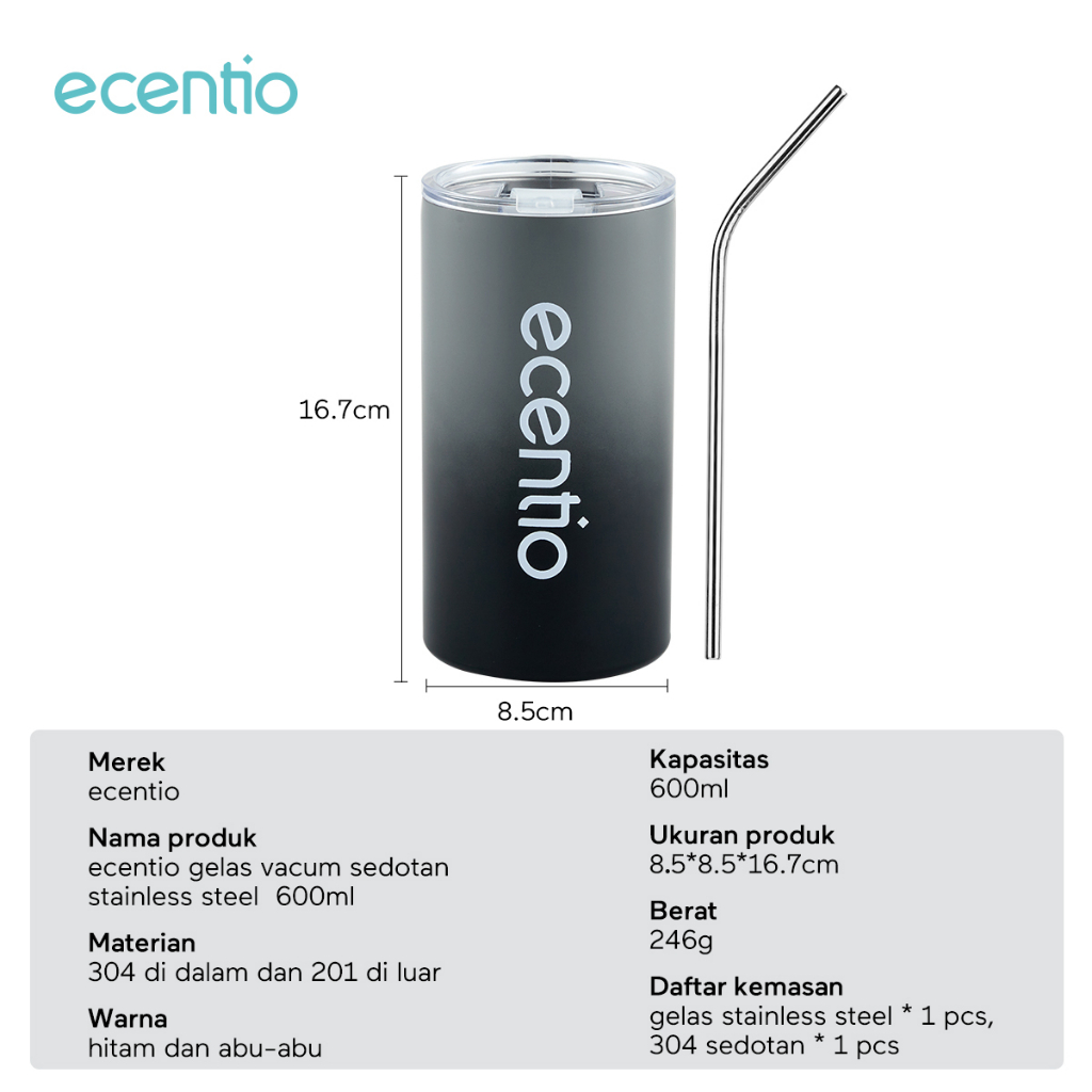 ecentio Cangkir Tumbler Kopi Stainless Steel Ukuran 600ml coffee cup stainless steel vacuum Free Sedotan