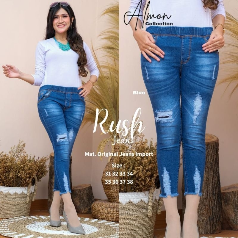 Rush jeans 27-42 / celana wanita jumbo karet big size rawis melar